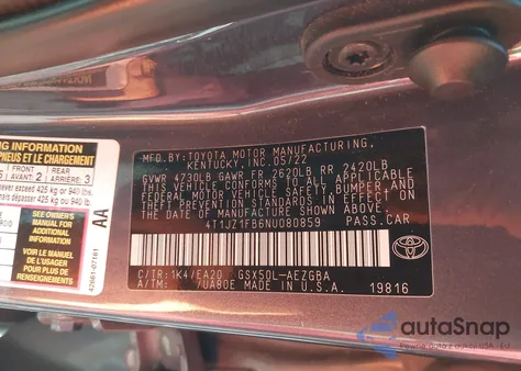 2022 Toyota Avalon Xle from USA, damaged, VIN 4T1JZ1FB6NU080859